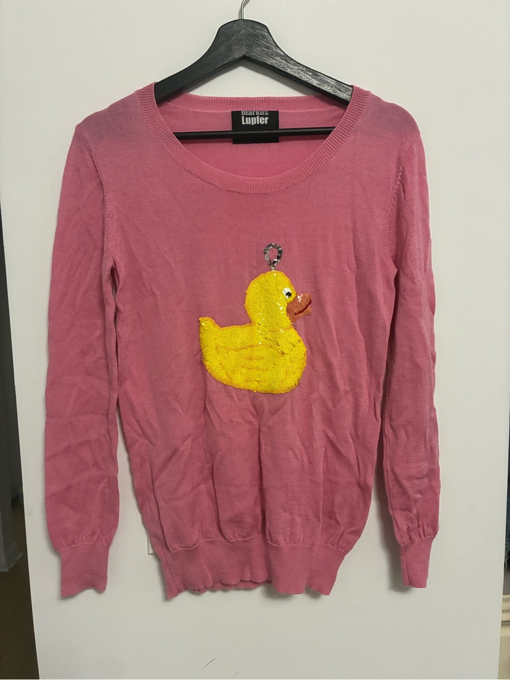 Markus Lupfer Pink Crewneck Sweater with Yellow Sequin Duck